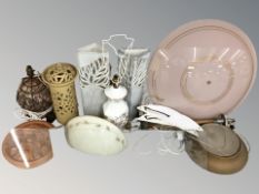 A group of lamp bases, glass wall shelf, etc.