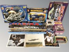 A group of games, rolled posters, Funko and other figurines, etc.