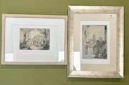A monochrome etching of a view of Durham Cathedral, plus a further etching depicting a church,
