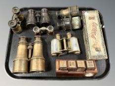 A group of 19th century field and opera glasses, desk calendar, dominoes in box.
