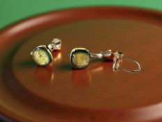 A pair of iridescent stone earrings, with 9ct gold mounts. CONDITION REPORT: 2.