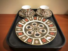 Two Royal Crown Derby imari tea china trios, pattern 1128, and a further larger plate,