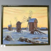 Danish School : Study of windmills, oil on canvas, 41 cm x 34 cm.