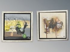 A contrasting pair of continental abstract oils on canvas, each 20 cm x 20 cm.