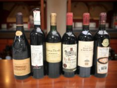 Six various bottles of champagne including Chateux Neuf du Pape, Saint Emilion, Chateux Thieuley,