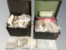 Two lacquered tin deed boxes containing an interesting collection of antiquarian documents and