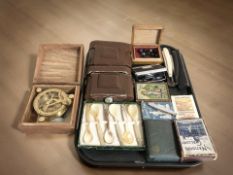 Several sets of playing cards, two cutthroat razors, pair of racing glasses, carved horn spoons,
