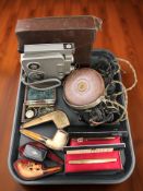 A Meerschaum pipe, plus another in cases, a Victorian papier mache snuff box, Parker pen,