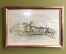 A gilt framed oleograph after Buchan, depicting a view of a town, 50 cm x 75 cm.