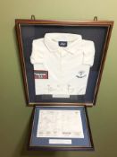 A framed cricket shirt signed by David Byass, on winning the county championship at Scarborough,