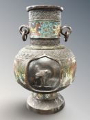 A 19th century bronze and cloisonne enamel twin handled vase, height 21.5 cm.