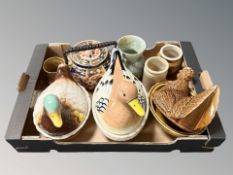 A group of lidded tureens in the form of wild fowl, an English imari swing handled biscuit jar,