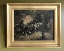 Manner of John Falconar Slater (1857 - 1937) : Workhorses pulling a log in a cart, oil on canvas,