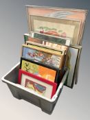 Assorted continental pictures and prints, abstract oils on board, still life study, etc.