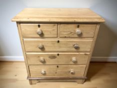 An early 20th century pine five drawer chest, 91 cm x 46 cm x 107 cm.