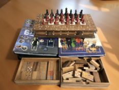 A bone inlaid chess box containing a set of painted die cast pieces, kings 5 cm,