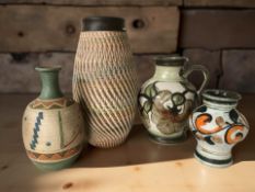 A Langley Pottery jug and three further stoneware vessels, vase signed Alena, etc, tallest 30 cm.
