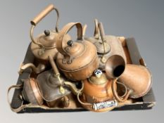 A group of 19th century copper tea pots including round and square examples, jug, etc.