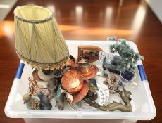 A group of metalwares, figurines, lamp base, shield plaque, EPNS items.