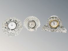 Three Waterford crystal quartz mantel timepieces, height 7cm.