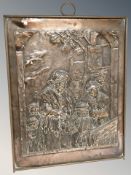 A continental embossed copper panel depicting musicians, 69 cm x 55 cm.