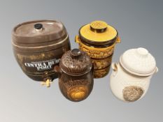 Three Rumtopf ceramic storage jars and a Cintra ruby port ceramic keg, with tap, height 32 cm.