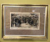 An antiquarian Danish monochrome engraving depicting a forest scene, 23 cm x 40 cm.