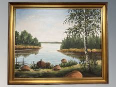 Danish School : Trees by a lake, oil on canvas, 49 cm x 39 cm.