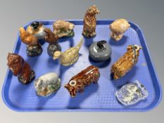A group of ceramic decanters in the form of animals including Beneagles, some retaining contents.