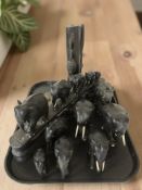 A group of African carved ebony elephants, similar lamp base.