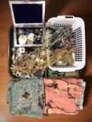 A collection of costume jewellery, gold plated chains, bead necklaces, casket, etc.