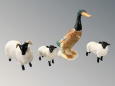 A Beswick duck No. 756-2, and three sheep, tallest 13.5 cm.