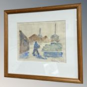 Danish School : Figure by a dock, watercolour, 19 cm x 14 cm.
