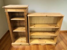 Two modern pine open bookcases, largest 80 cm wide.
