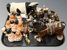 A group of china shire horses, similar figure of a cow, novelty Beswick sifters, Wade whimsies, etc.