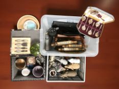 A cloisonne bowl and cover, cutlery, elephant ornaments, two eastern folding tables, homewares,