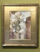 Bertha Newcombe : Study of roses in a yard, watercolour, 33 cm x 23 cm.