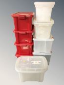 A quantity of plastic storage boxes with lids, largest 60 cm wide.