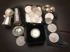 A group of crowns and other coins, military buttons, sifter, etc.