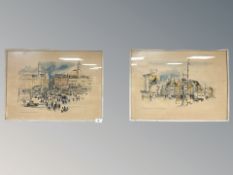 A pair of continental colour prints depicting figures in a town, 56 cm x 40 cm.