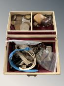 A jewellery box containing ladies and gents wristwatches, small quantity of coins,