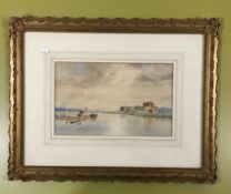 George Whittaker (19th Century) : Figures on a barge on a calm lake, watercolour,