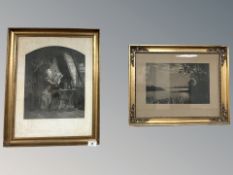 A 19th century monochrome print depicting a figure in a study, 34 cm x 45 cm,