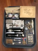 A group of tins, an Art Nouveau EPNS box, Victorian and later coins, cutlery, cameo brooch,
