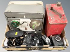 A reel-to-reel, several cameras including Halina, a pair of USSR 8x30 binoculars,