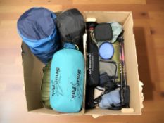 A quantity of camping / hiking supplies, sleeping bags, etc.