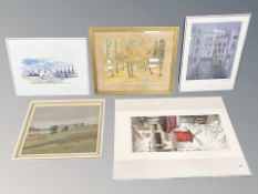 A French colour print depicting the Moulin Rouge, signed in pencil, 26 cm x 58 cm,