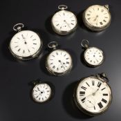Seven silver pocket watches including heavy fusée and chronograph example.