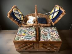 A Concertina sewing box, and a two division picnic hamper and contents.