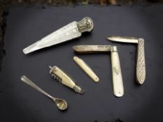 Two silver-bladed mother of pearl fruit knives together with crystal scent flask,